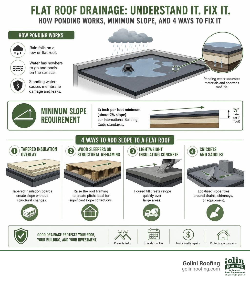 Infographic: How flat roof ponding works, minimum slope requirements, and four methods to fix it infographic Infographic: How flat roof ponding works, minimum slope requirements, and four methods to fix it infographic