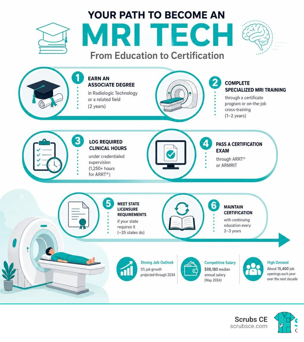 Step-by-step infographic showing the process of becoming an MRI tech from education to certification infographic Step-by-step infographic showing the process of becoming an MRI tech from education to certification infographic