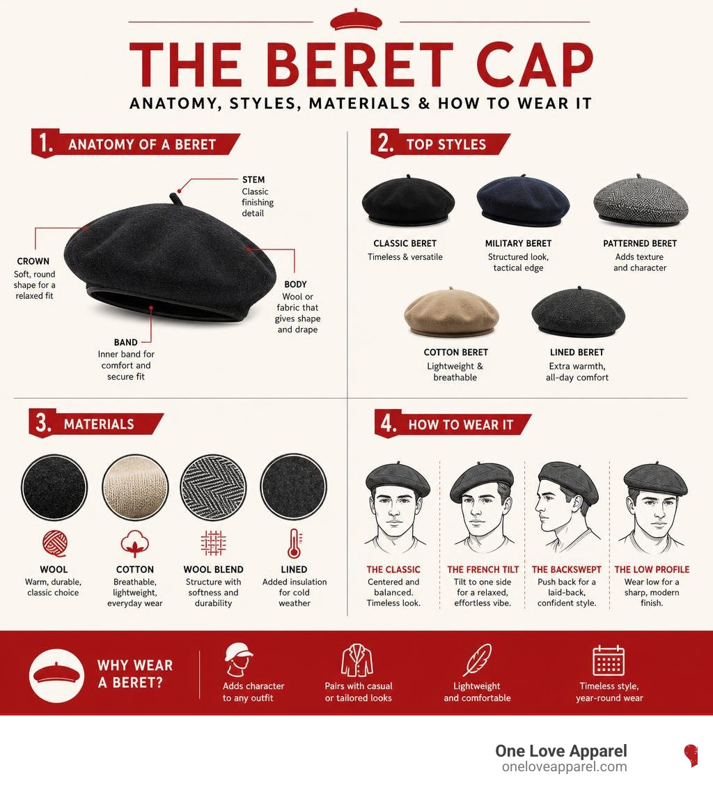 Infographic showing anatomy of a beret cap, top styles, materials, and how to wear it infographic Infographic showing anatomy of a beret cap, top styles, materials, and how to wear it infographic