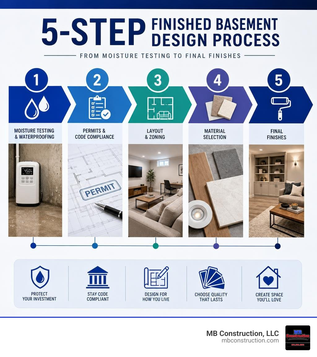 Infographic showing the 5-step finished basement design process from moisture testing to final finishes infographic
