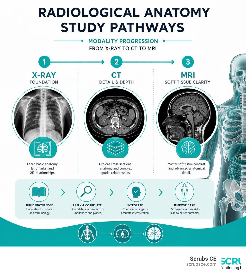 Radiology anatomy study pathways infographic showing modality progression from X-ray to CT to MRI infographic Radiology anatomy study pathways infographic showing modality progression from X-ray to CT to MRI infographic
