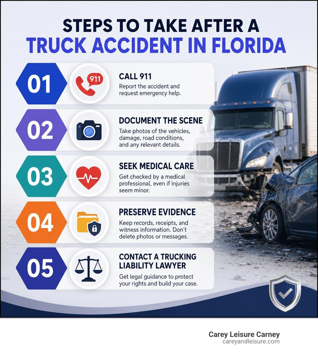 Steps to take after a truck accident in Florida: call 911, document scene, seek medical care, preserve evidence, contact a