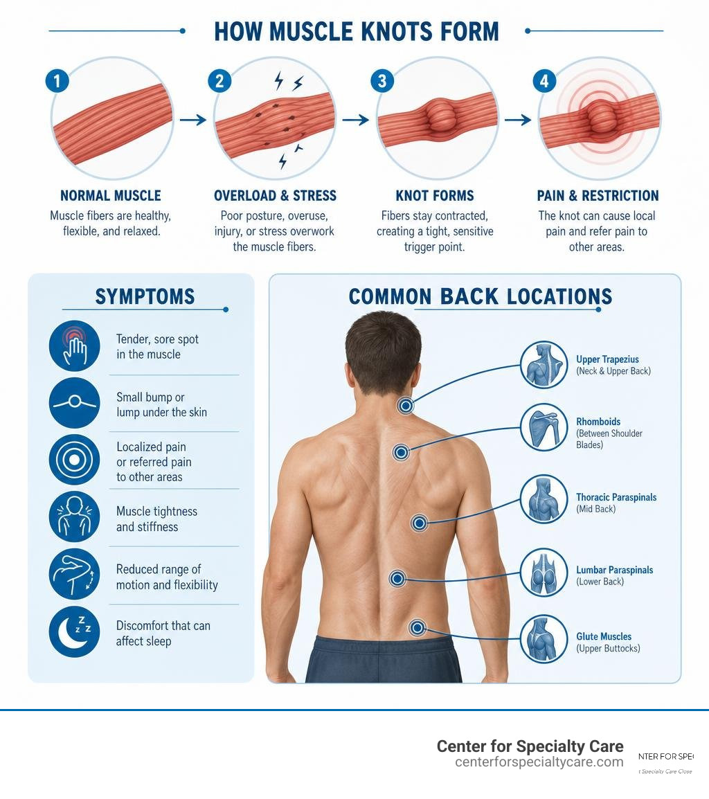 Infographic showing how muscle knots form, symptoms, and common back locations infographic