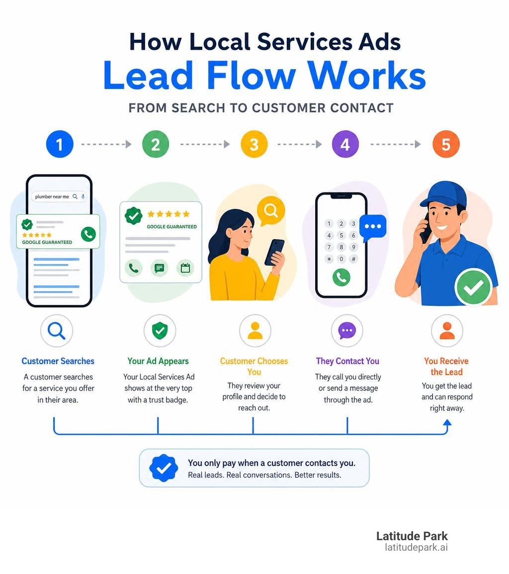 Infographic showing how Local Services Ads lead flow works from search to customer contact infographic