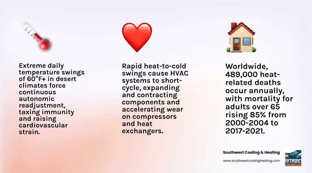 Infographic showing dual physiological and HVAC stress from extreme summer heat and cool winter nights including body and Infographic showing dual physiological and HVAC stress from extreme summer heat and cool winter nights including body and
