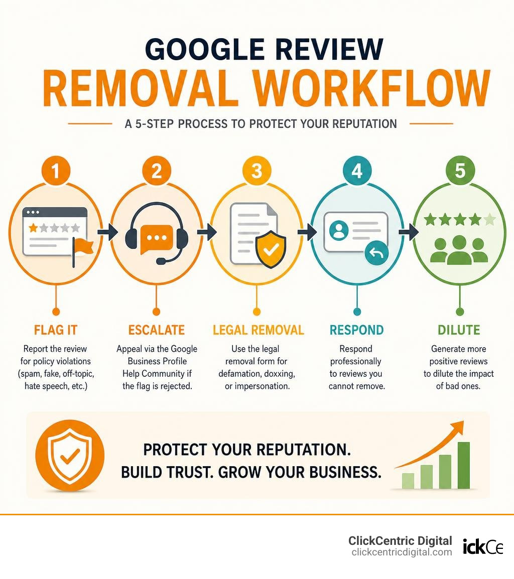 Google review removal workflow: flag, escalate, respond, dilute with positive reviews infographic