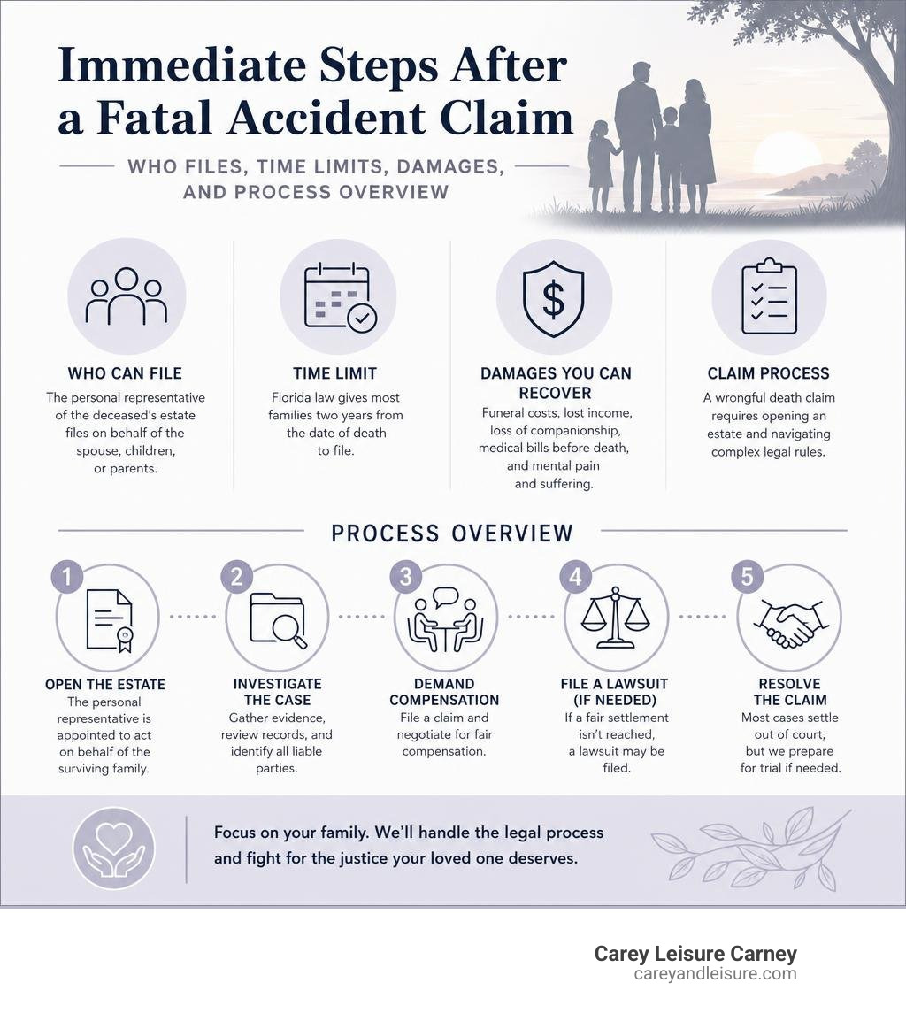 Immediate steps after a fatal accident claim: who files, time limits, damages, and process overview infographic