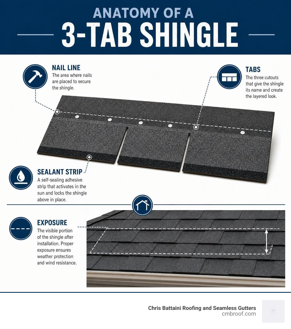 Anatomy of a 3-tab shingle infographic showing tabs, nail line, sealant strip, and exposure infographic