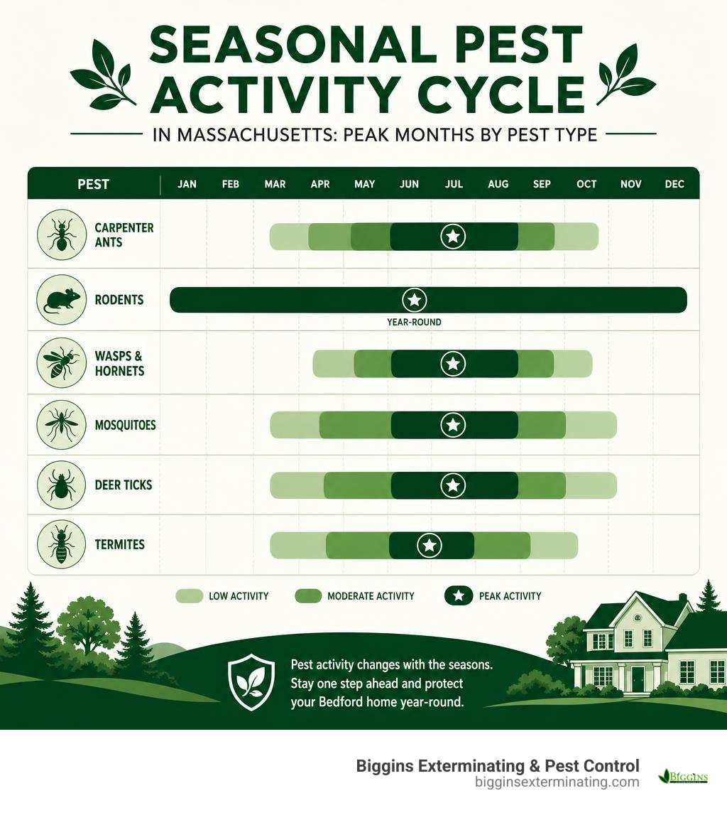Seasonal pest activity cycle in Massachusetts infographic showing peak months by pest type infographic