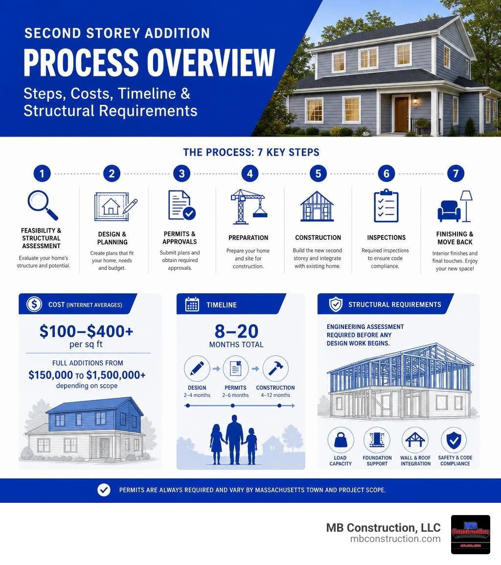 Second storey addition process overview infographic showing steps, costs, timeline, and structural requirements infographic