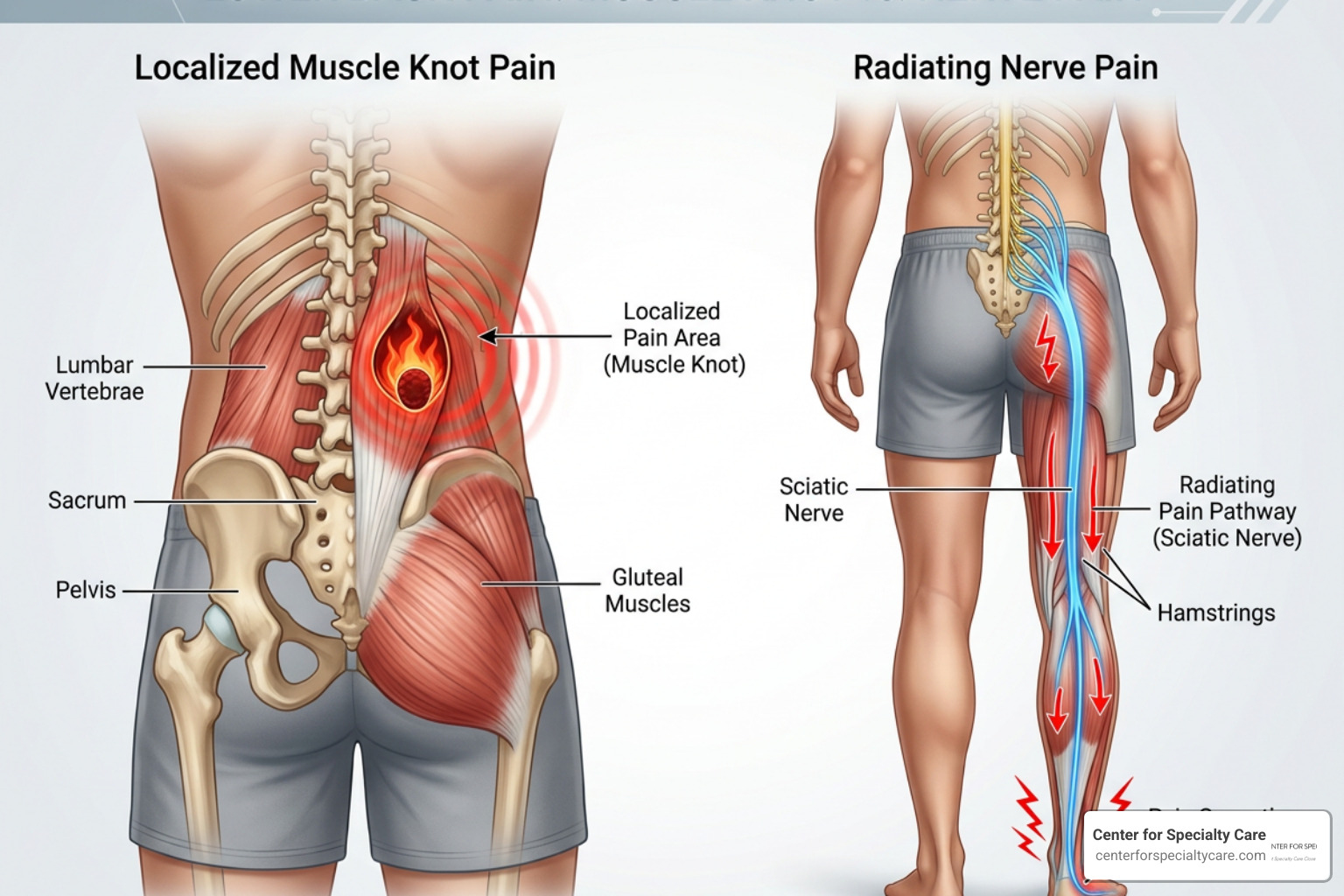 Anatomy diagram showing localized vs radiating back pain