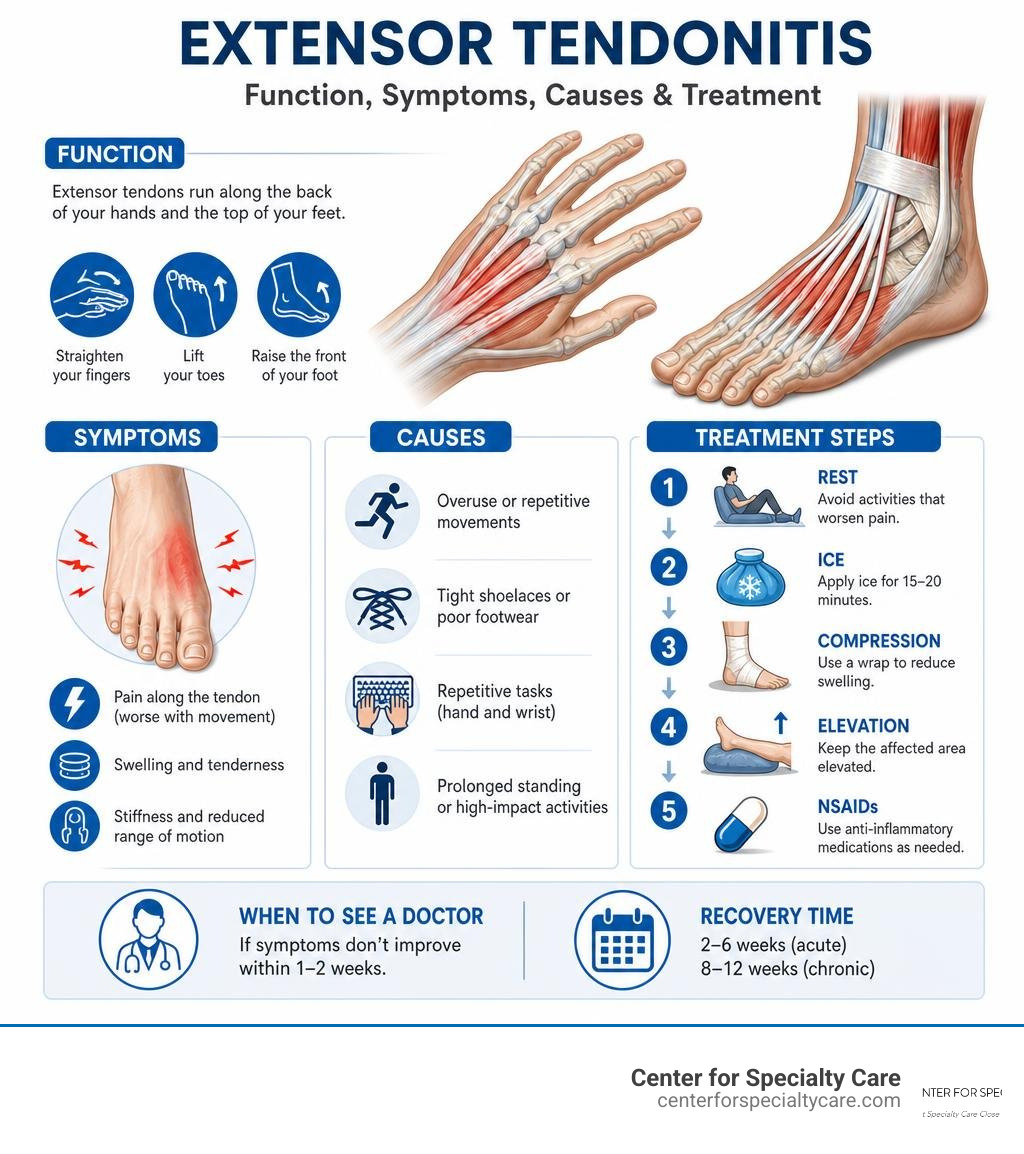 Infographic showing extensor tendon function, symptoms, causes, and treatment steps infographic