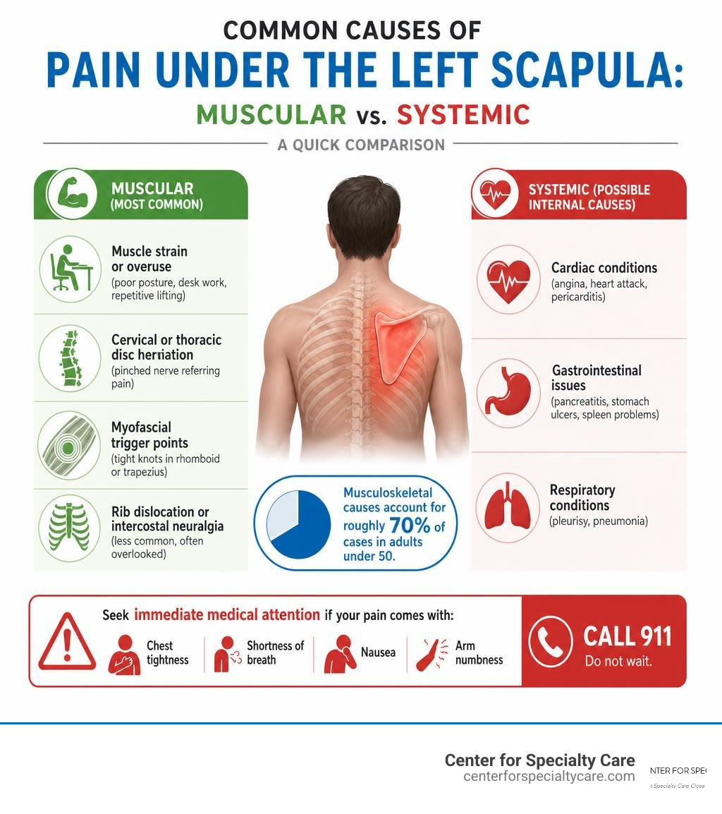 Common causes of pain under the left scapula: muscular vs. systemic — a quick comparison infographic infographic