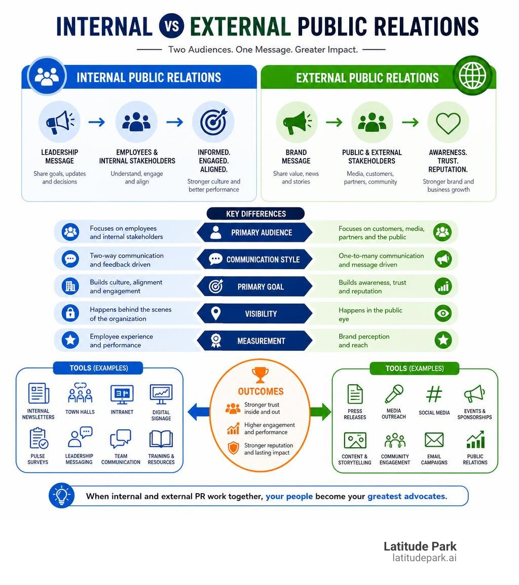 infographic showing internal vs external public relations flow, key differences, tools, and outcomes infographic