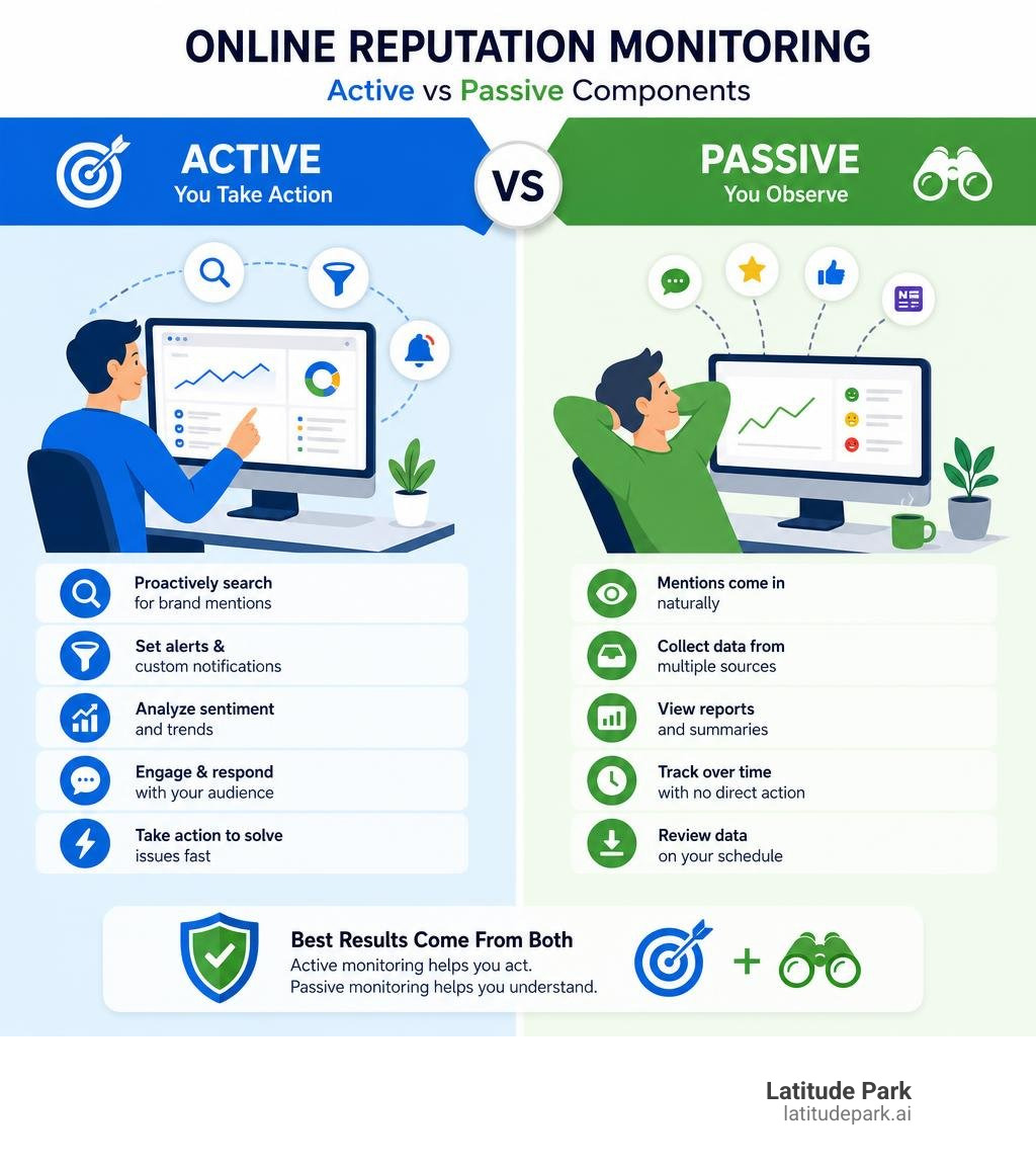 infographic showing active vs passive components of online reputation monitoring infographic infographic showing active vs passive components of online reputation monitoring infographic