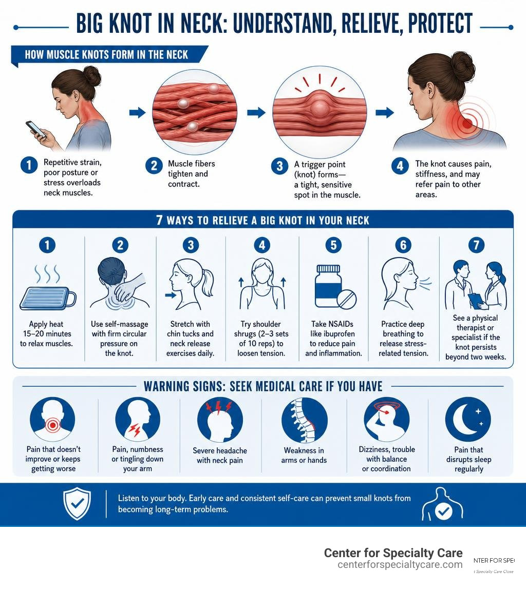 Infographic showing how muscle knots form in the neck, 7 relief methods, and warning signs to watch for infographic