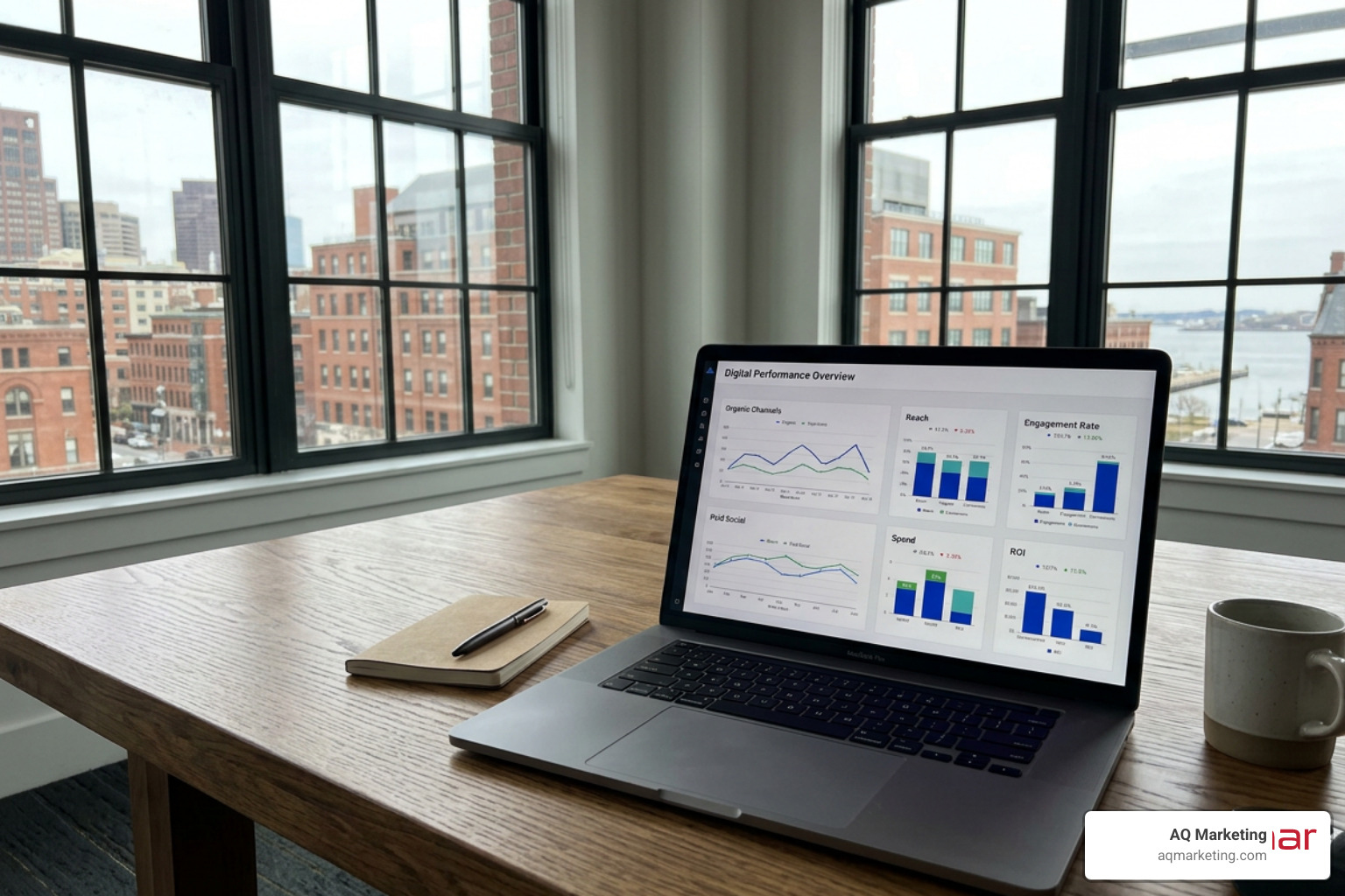 An analytics dashboard showing organic and paid social media performance for a local Massachusetts business An analytics dashboard showing organic and paid social media performance for a local Massachusetts business