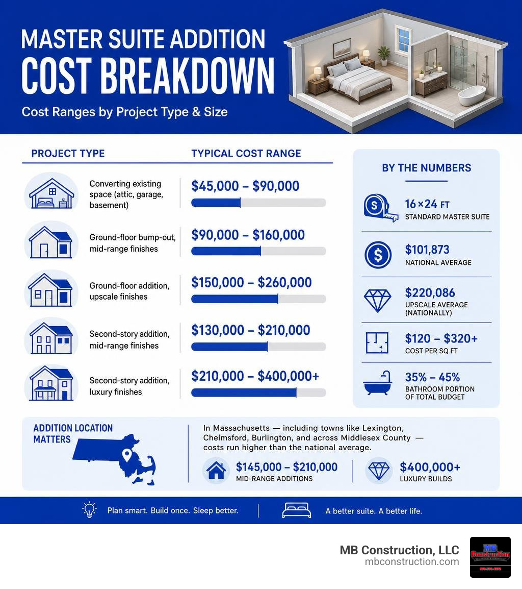 Master suite addition cost breakdown infographic showing cost ranges by project type and size infographic