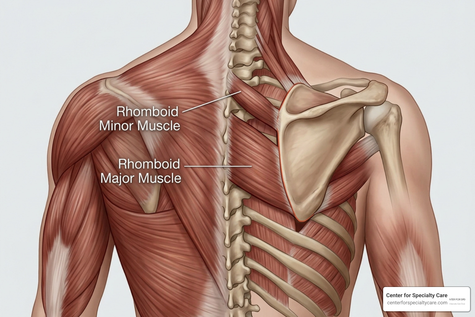Rhomboid muscle anatomy showing location between spine and shoulder blade