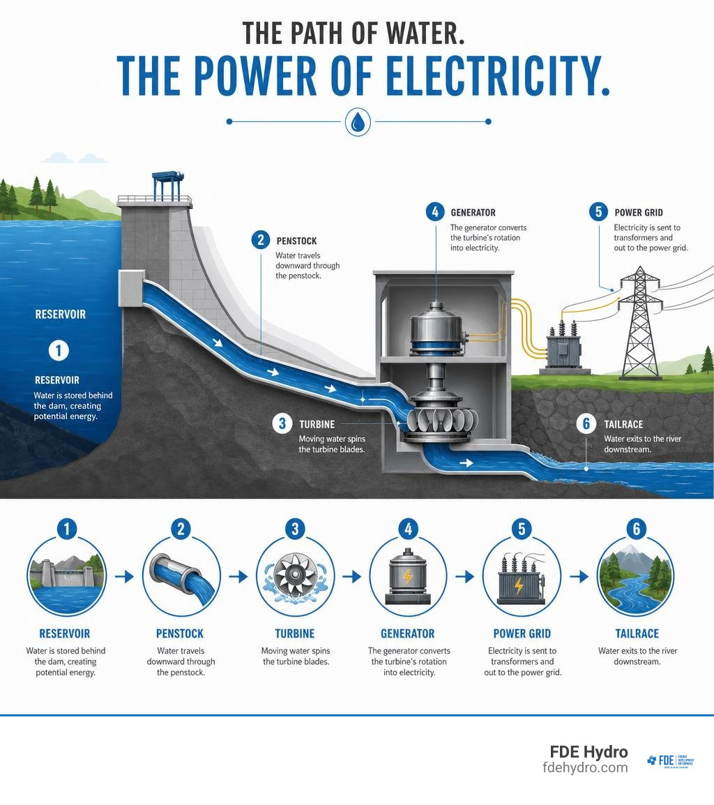 infographic showing water flow path from reservoir through penstock turbine generator to power grid infographic