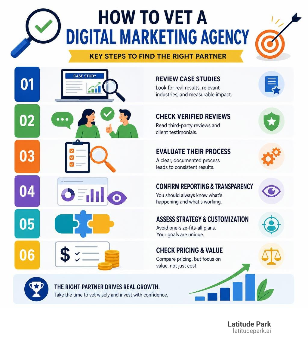 Infographic: How to vet a digital marketing agency — key steps from reviewing case studies to checking pricing and verified