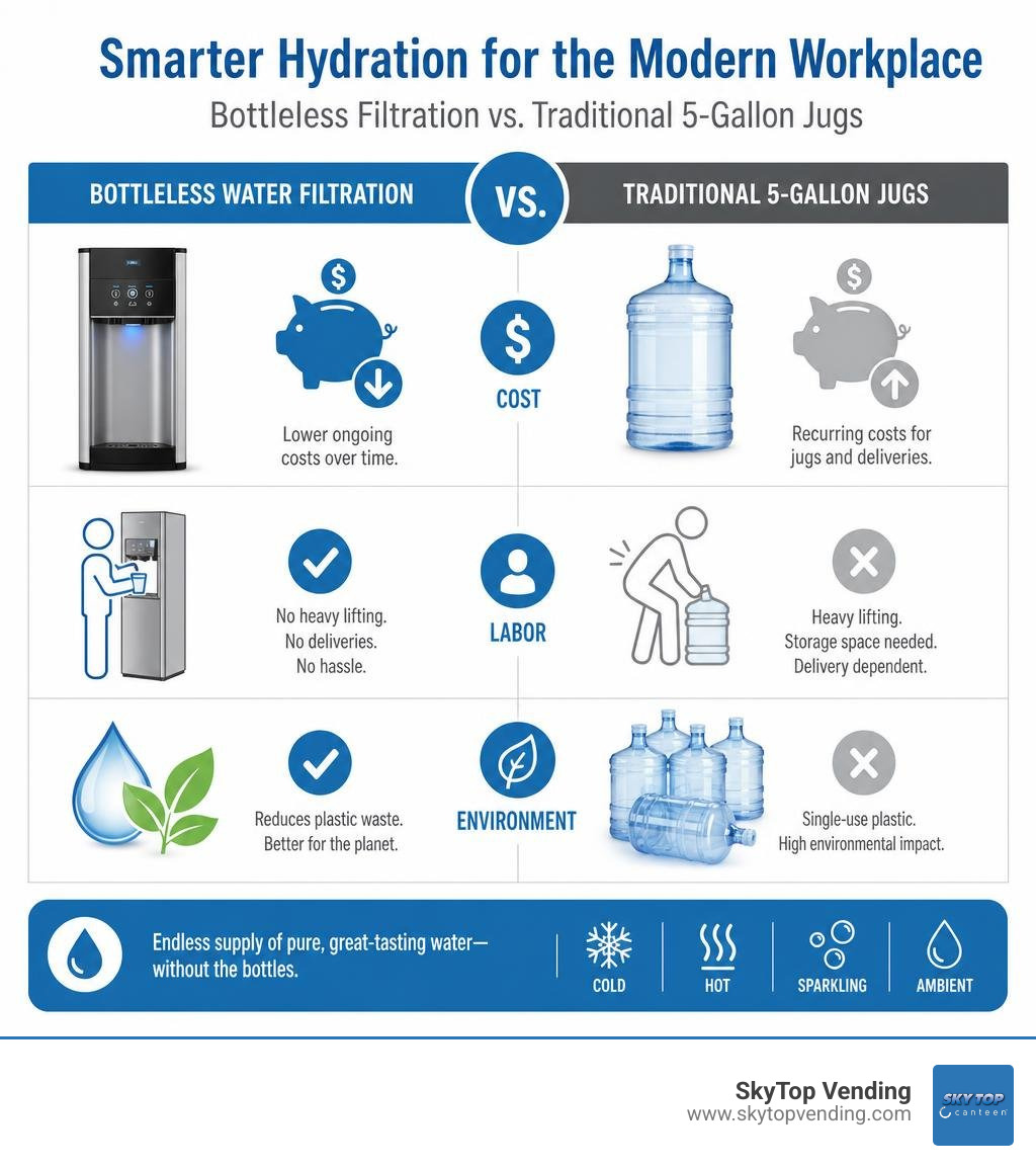 Infographic comparing bottleless water filtration to traditional 5-gallon jugs on cost, labor, and environment infographic