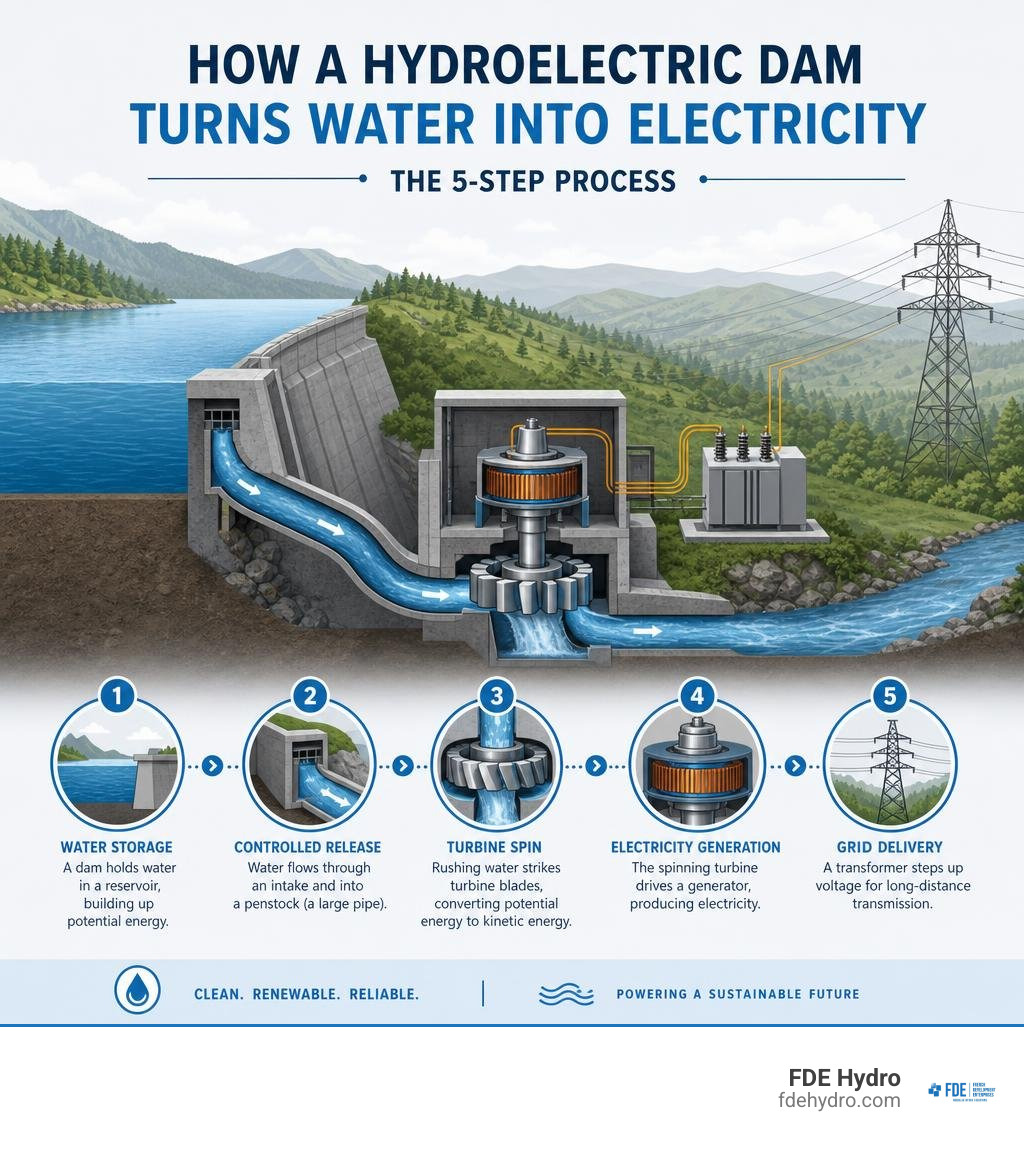Infographic showing water-to-electricity conversion process in a hydroelectric dam: reservoir to penstock to turbine to Infographic showing water-to-electricity conversion process in a hydroelectric dam: reservoir to penstock to turbine to