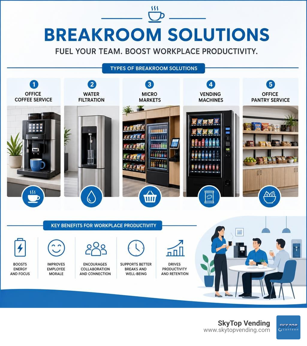 Infographic showing types of breakroom solutions and their key benefits for workplace productivity infographic
