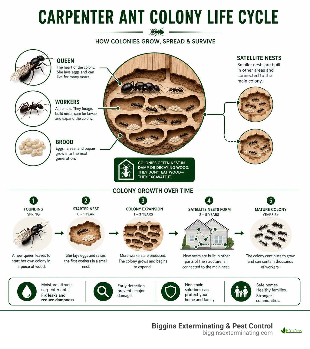 Carpenter ant colony lifecycle infographic showing queen, workers, satellite nests, and colony growth timeline infographic