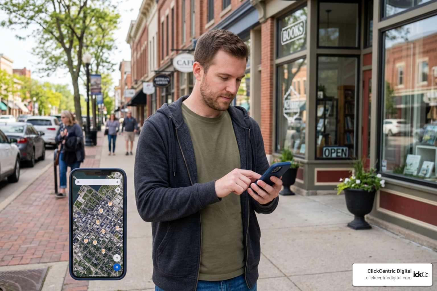 Mobile local search in Grand Haven showing a user looking for nearby businesses on Washington Avenue