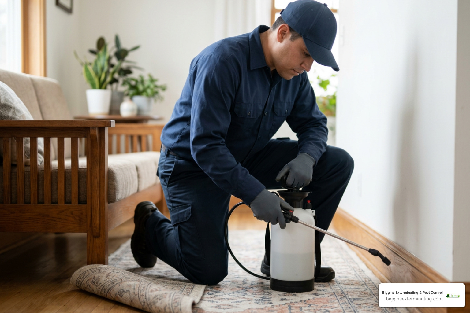 Professional pest control technician applying eco-friendly treatments