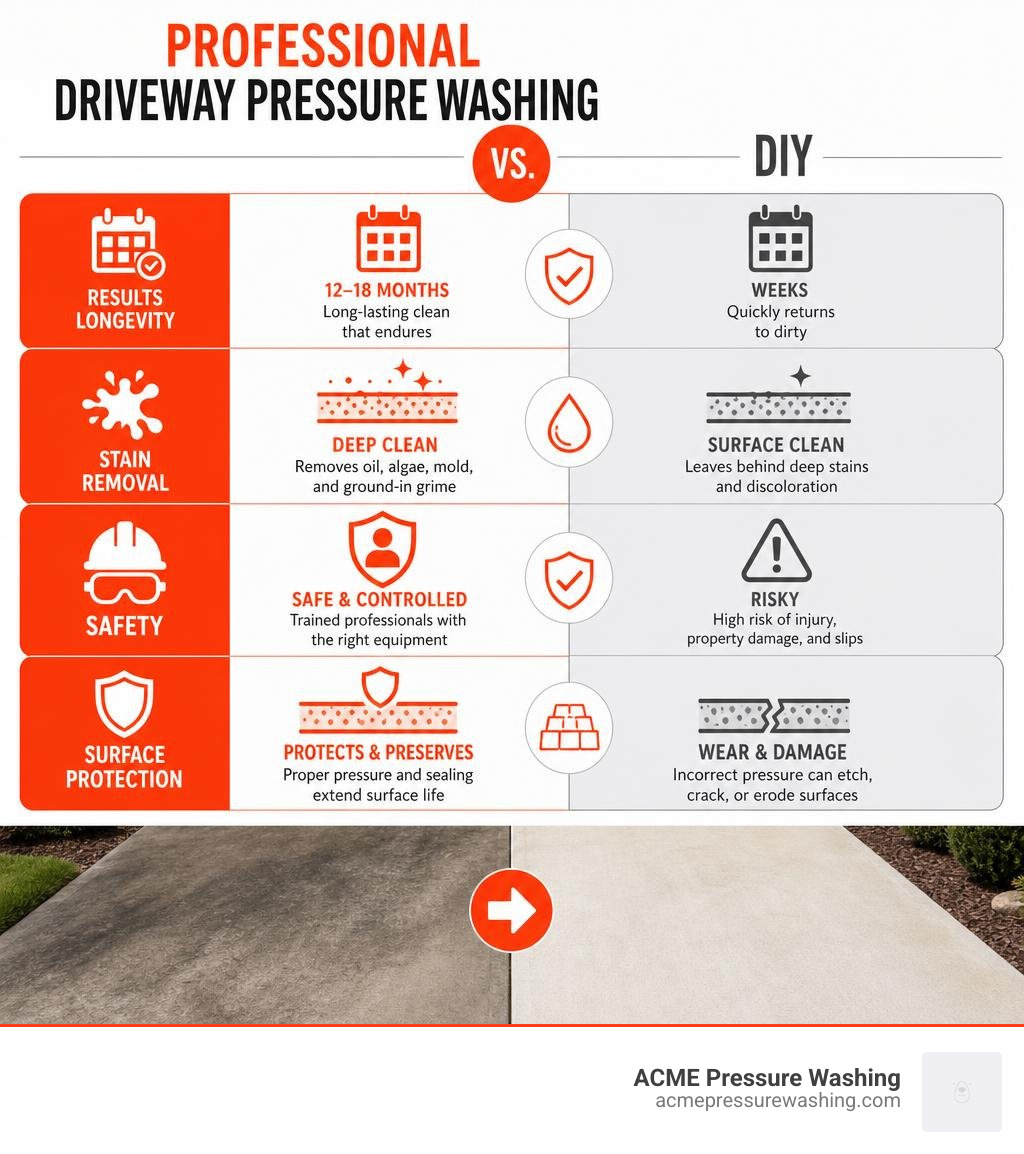 Benefits of professional driveway pressure washing vs DIY: results longevity, stain removal, safety, and surface protection