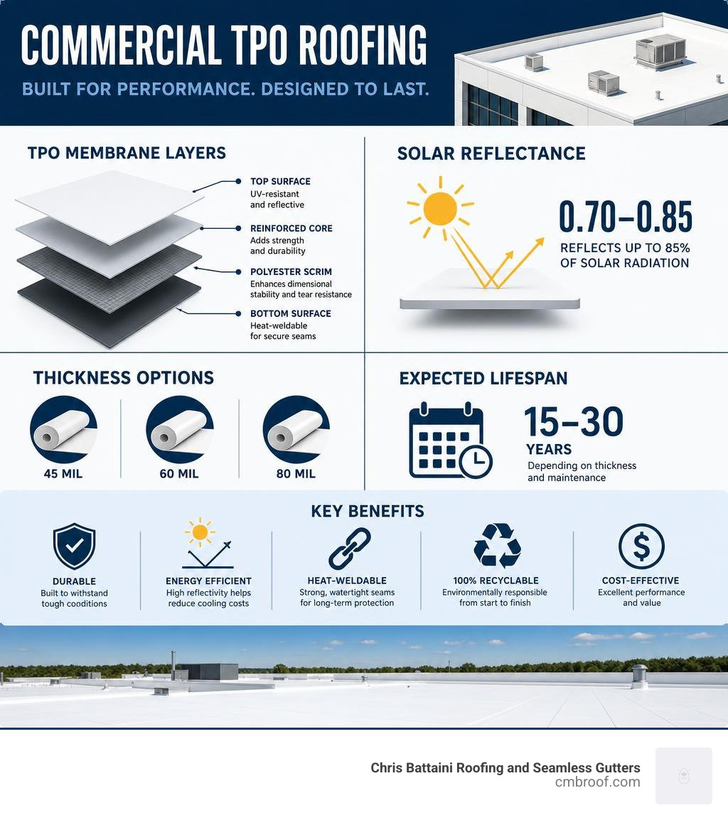 Infographic showing TPO membrane layers, reflectance ratings, thickness options, lifespan, and key benefits infographic