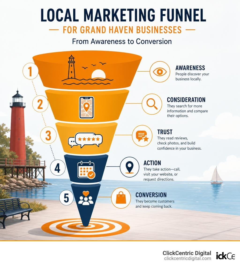 Local marketing funnel for Grand Haven businesses showing awareness to conversion steps infographic