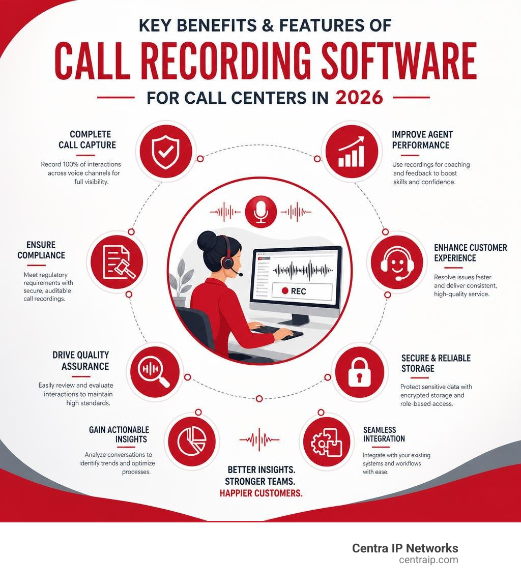 Key benefits and features of call recording software for call centers in 2026 infographic Key benefits and features of call recording software for call centers in 2026 infographic