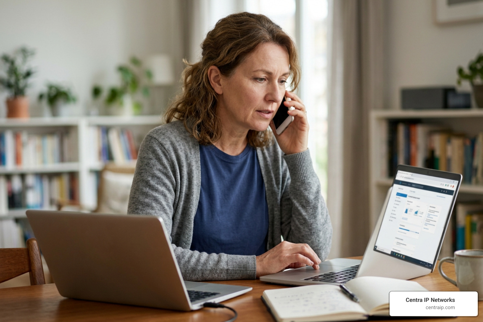 A person looking at their laptop screen while holding a phone to call broadband support A person looking at their laptop screen while holding a phone to call broadband support