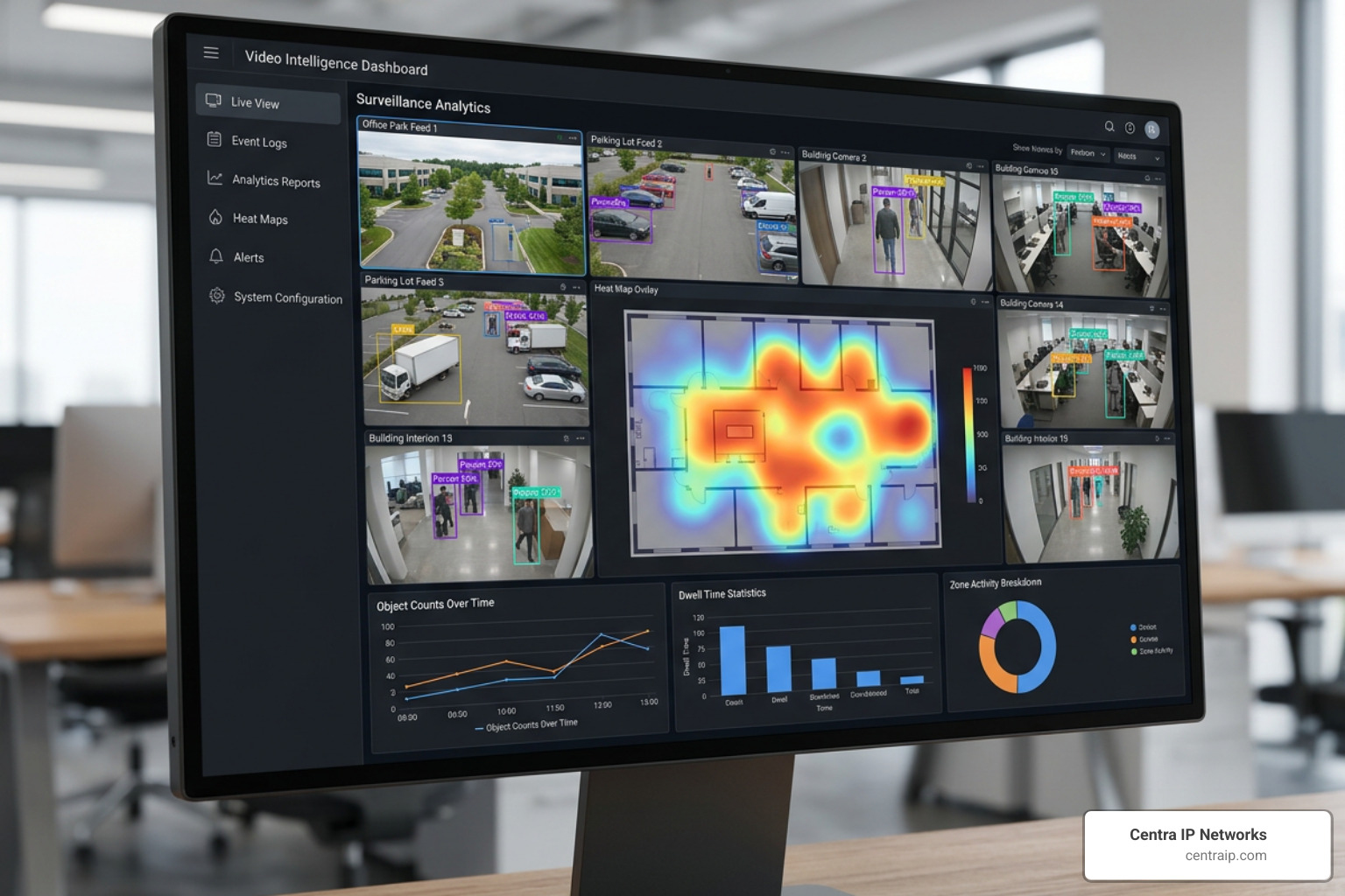 AI video analytics dashboard showing object detection and heat mapping AI video analytics dashboard showing object detection and heat mapping