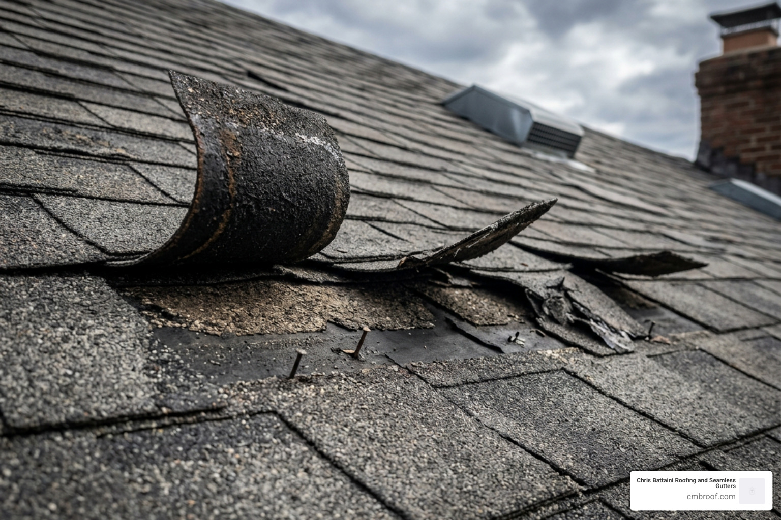 Wind uplift pulling up 3-tab shingles on a roof slope
