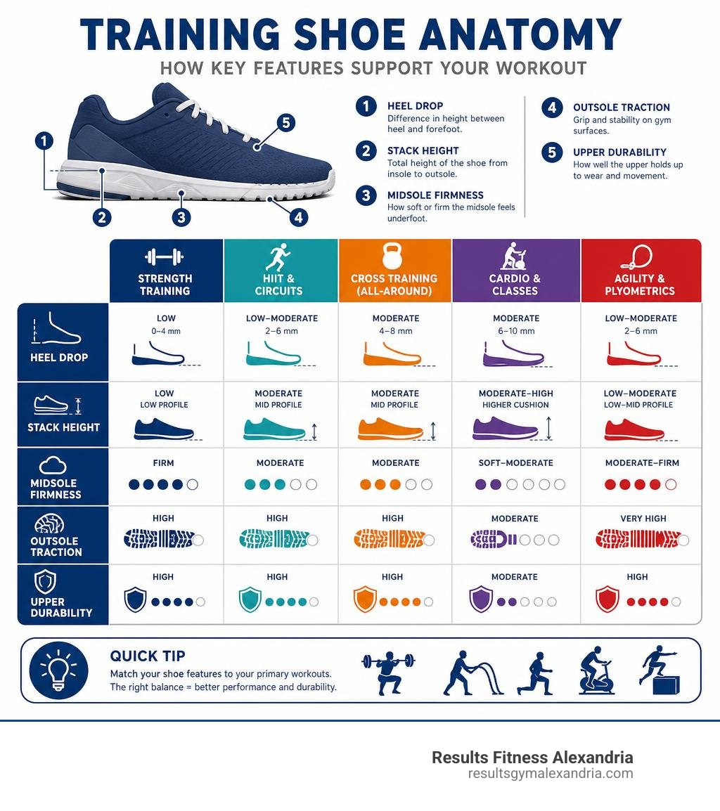 Infographic showing training shoe anatomy: heel drop, stack height, midsole firmness, outsole traction, and upper durability