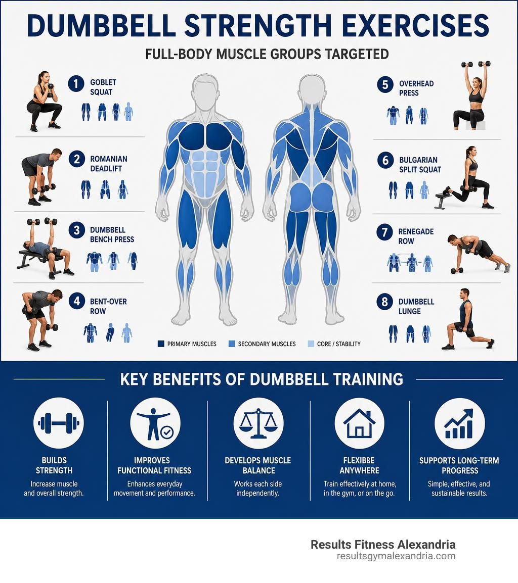 Infographic showing full-body muscle groups targeted by dumbbell strength exercises and key benefits infographic