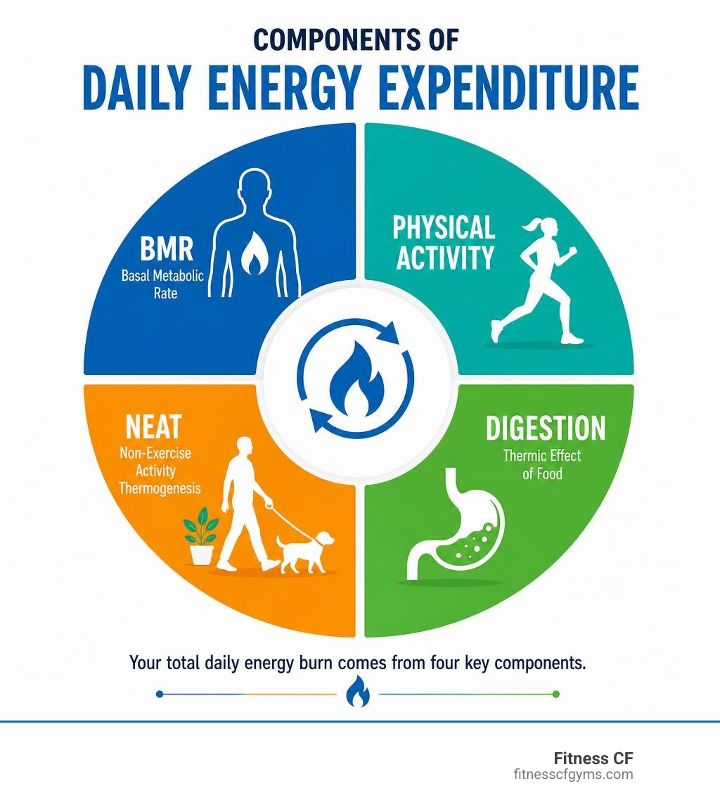 Infographic showing components of daily energy expenditure: BMR, physical activity, NEAT, and digestion infographic