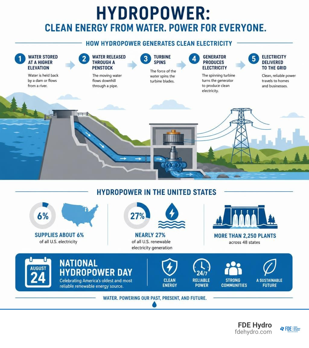 Infographic showing how hydropower generates clean electricity and key U.S. stats for National Hydropower Day 2024