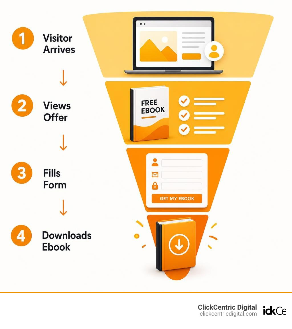 Ebook landing page conversion funnel: visitor arrives, views offer, fills form, downloads ebook infographic