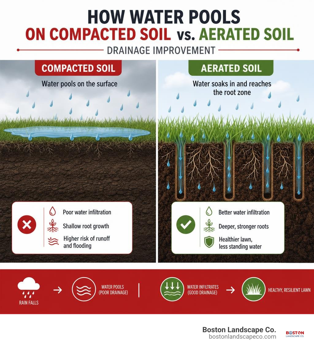 How water pools on compacted soil vs. aerated soil - drainage improvement infographic infographic