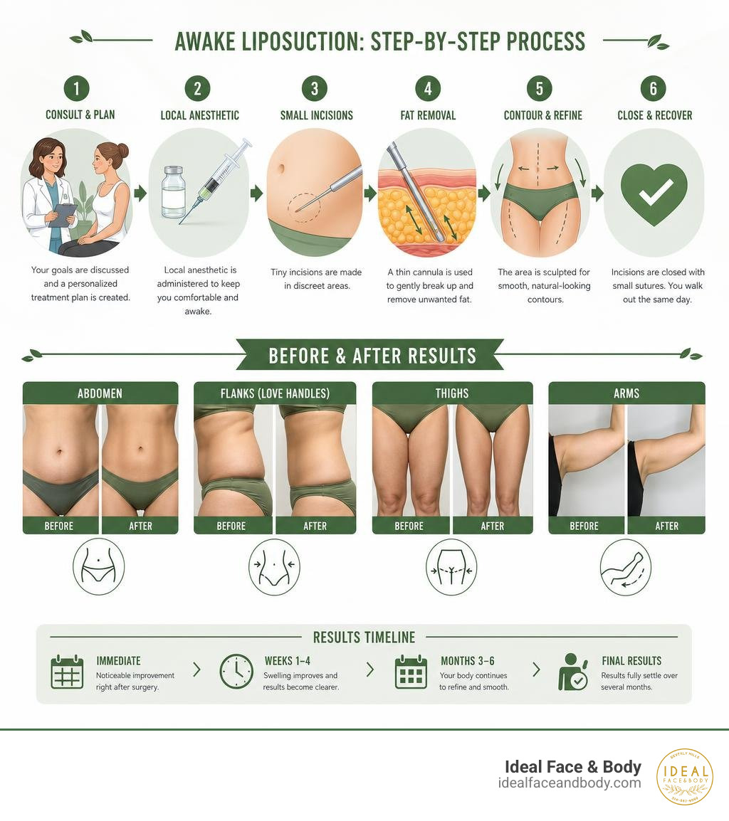 Step-by-step awake liposuction process infographic with before and after result stages infographic Step-by-step awake liposuction process infographic with before and after result stages infographic