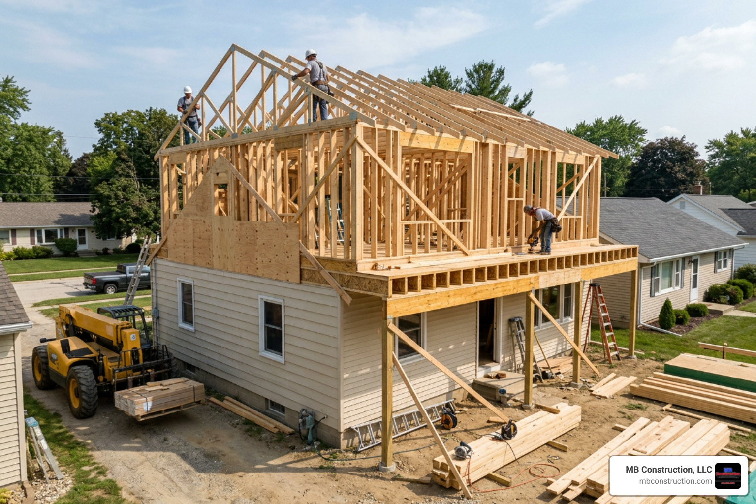 Second-story home addition framing and construction showing structural engineering elements