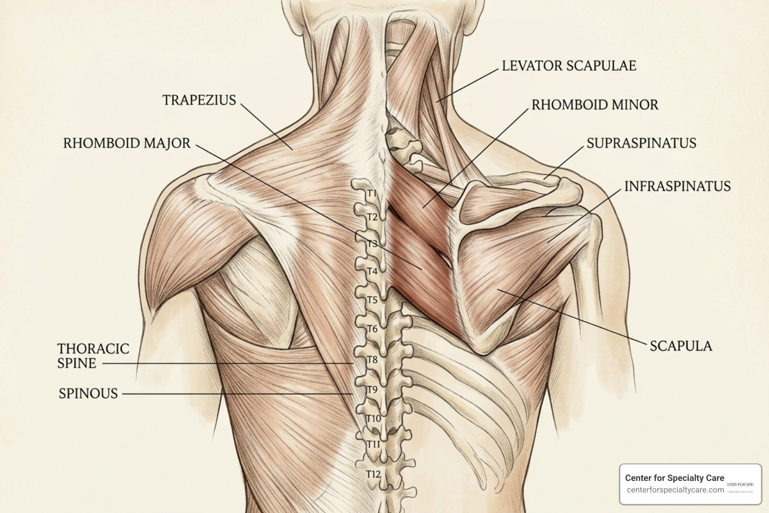 Diagram of the upper back anatomy highlighting the rhomboid major and minor muscles Diagram of the upper back anatomy highlighting the rhomboid major and minor muscles