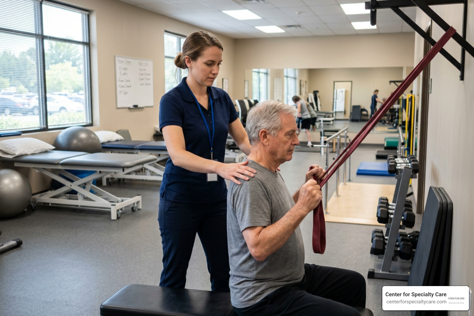A physical therapist assisting a patient with targeted upper back and shoulder exercises A physical therapist assisting a patient with targeted upper back and shoulder exercises
