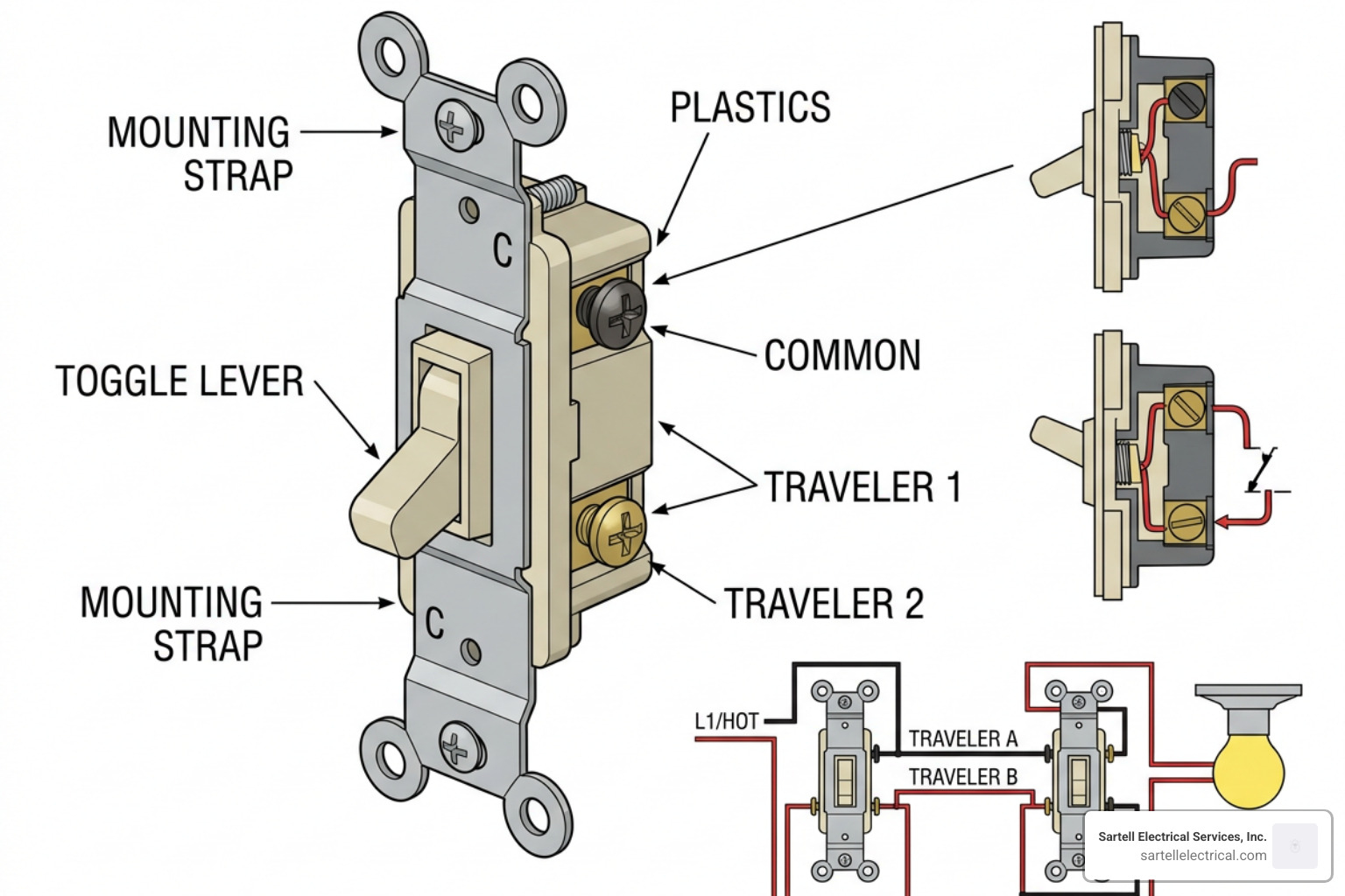 Anatomy of a three-way light switch showing terminal screws Anatomy of a three-way light switch showing terminal screws