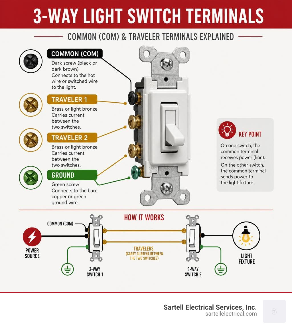 Diagram showing common and traveler terminals on a 3-way light switch with wire color labels infographic Diagram showing common and traveler terminals on a 3-way light switch with wire color labels infographic